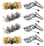 Taco Holder Stand - Set of 4 - Oven & Grill Safe - Stainless Steel Taco Racks With Handles for 3 tacos, 4 Spoons, 4 Sauce cups,4 Food tongs