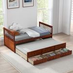 Giantex Twin Captain’s Bed with Trundle Bed, Wood Storage Daybed with 3 Storage Drawers, Bunk Bed Alternative, No Box Spring Needed, Wooden Platform Bed Great for Kids Guests Sleepovers (Walnut)