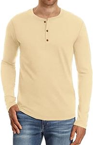 NITAGUT Mens Fashion Casual Front Placket Basic Long Sleeve Henley T-Shirts (S, Beige)