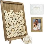 Excello Global Products Wedding Guest Drop Top Frame Wedding Guest Book Alternative with 70 Blank Wooden Hearts, a Traditional Guest Book, Picture Frame, and Display Easel (Rustic Brown Wood)