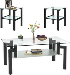 Glass Coffee Table Sets of 3 End Table for Living Room, Modern Black Tea Table & 2 Side Tables with Metal Leg and Rectangle Tempered Glass