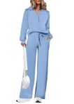 PRETTYGARDEN 2 Piece Outfits For Women Fall Long Sleeve Sweatshirts And Wide Leg Pants Lounge Sets (Blue,Large)