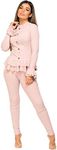 Lexi Fashion Women Ribbed Stretch Long Sleeve Loungewear Set Tracksuit Activewear Frill Ruffle Hem Peplum Gold Button Knit Fit 2 Pc Co-Ord Pink Size S/M