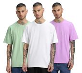 Veirdo® Pure Cotton White & Foggreen & Lilac Oversized Fit Half Sleeve Solid Round Neck T-Shirt for Men (PO3_OS_WT_GR_LL_M)