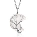 Bestyle Tree of Life Crescent Moon Necklace, Nature Clear Quartz Gemstones Healing Crystal Necklaces, April Birthstone Pendant for Women Grils, Statement Birthday Jewelry Gifts