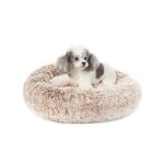 Bedfolks Calming Donut Dog Bed, 23 Inches Round Fluffy Dog Beds for Small Dogs, Machine Washable Anti-Anxiety Plush Puppy Bed（Brown, Small）