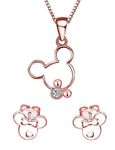 Baobei rose gold plated Sterling Silver clear Zirconia Mickey Mouse Necklace and Minnie mouse earrings jewellery sets for women girls, birthday gifts
