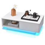 COSTWAY LED Coffee Table, Modern Cocktail Centre Table with 20 RGB Light Colors, Adjustable Brightness, Drawer and Storage Shelf, Wooden Rectangle Smart End Sofa Side Table for Living Room (White)