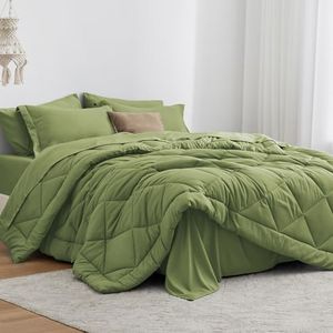 Love's cabin Twin Comforter Set Olive Green, 5 Pieces Twin Bed in a Bag, All Season Twin Bedding Sets with 1 Comforter, 1 Flat Sheet, 1 Fitted Sheet, 1 Pillowcase and 1 Pillow Sham