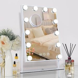 FENCHILIN Hollywood espejo maquillaje espejo con luces 12 dimmable LED Lámparas 360° giratorio maquillaje espejo con 3 colores claros 10x aumento vanidad espejo wiht luces blanco 30x41 cm