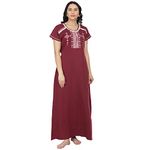 HONEYDEW Women's Hosiery Cotton Printed Night Suit Night Gown Lounge Wear Maxi Sleepwear Nighty (Free Size) Maroon