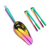 Liangs Stainless Steel Ice Scoop and Ice Tongs Small, Round Bottom Bar Ice Utility Scoop, 6 Inches Serving Tongs with Teeth for Large Cubes, Freezer, Ice Bucket Copper, Set of 3 (Rainbow)