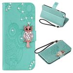 IMEIKONST Glitter case for iPhone SE (2020) Owl Embossed Sparkly Gems Shockproof PU Leather Wallet Flip Stand Card Slots Magnetic Silicone Bumper Folio Cover for iPhone 8/7 Owl Green YK