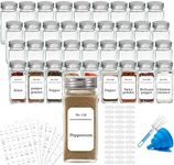 KITment 36Pcs Glass Spice Jars Bottles with Spice Labels Square Seasoning Containers Organiser Small Items Storage Organization for Spice Rack, Cabinet, Drawer, with Shaker Lids, Airtight Caps, 120ml