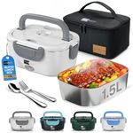 FORABEST Heated Lunch Box - 80W Electric Lunch Box - Portable Food Warmer with 1.5L Stainless Steel Container, Carry Bag & Leakproof Lid - 12V/24V Car/Truck & 110/220V Home/Office - White Gray