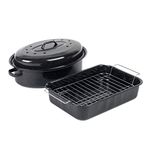 Russell Hobbs COMBO-1922 Vitreous Enamel Roaster with Rack & Self Basting Roaster Tin with Lid, Ovenware, Resistant to Staining and Colouring Roasting Tray Tin for Baking/Roasting, Black