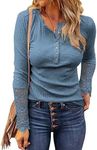 VICHYIE Womens Ribbed Knit Henley Long Sleeves Tunic Lace Tops V Neck Button Shirts Casual Slim Fit Blouses, A Blue, X-Large