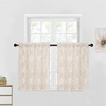 DWCN 2 Pack Beige Floral Lace Small Short Sheer Curtains for Kitchen - Light flitering Transparent Rod Pocket Half Window Sheer Curtains for Small Window Living Room Cafe, 30 x 24 inch, Beige