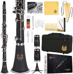 Rhythm Bb Clarinet 17 Nickel Keys Woodwind Band & Orchestra Musical Instruments for Beginners Includes Case, Stand, 10 Reeds and Cleaning Kit-Black/Silver keys