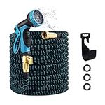 Expandable Garden Hose, Water Hose 100ft with 10 Function Nozzle, Flexible Hose with 3/4" Solid Brass Fittings, Extra Strength Fabric, Easy Storage Kink Free, Black & Blue