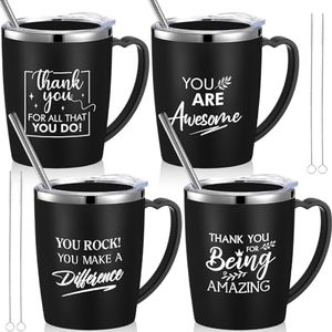 Tioncy 4 Sets Teacher Thank You Gifts for Women Stainless Steel Insulated Coffee Mug with Handle Lid Nurse Inspirational Mug Travel Mug with Handle for Mother's Day Women Coworkers(Black)