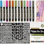 Temporary Tattoo Markers for Skin - Tattoo Pens for Body & Face Art with 111 Tattoo Stencil Papers, 12 Pens Make Bold and Fine Lines, Cosmetic Quality(BETY1)