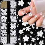 INOG 3D Flower Nail Art Charms, 250pcs White Flowers Nail Rhinestones Kit 3D Crystal Nail Pearls Flat Design Acrylic Nail Art Studs Manicures Nail Accessories for Women Girls