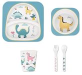 POLKA TOTS Eco Friendly Bamboo Fiber Dinner Set, 5 Pcs Tableware Crockery Set for Weaning Toddler & Self Feeding Baby Utensil Set for Baby Kids (Dino)