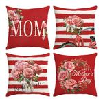 Happy Mothers Day Pillow Covers 18x18 Set of 4 Red Carnation Floral Throw Pillow Covers I Love Mom Cushion Covers Pillow Case Gift for Mother Grandma Birthday Outdoor Home Sofa Decoration (18 by 18)