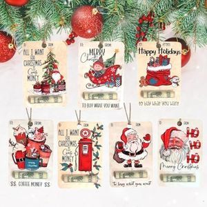 Christmas Money Holders for Cash, Christmas Money Holder Hanging Ornaments, Handmade Wooden Money Clip Happy Santa Christmas Money Dispenser with Blessing (7 Style Mix)