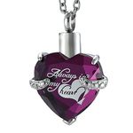 MCJKP Cremation Jewellery Purple Crystal Glass Heart Lockets for Ashes Engraved Always in My Heart Personalized Keepsake Memorial Gift Urns for Human Pet Adult Ashes(Purple)