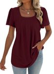 isermeo Women's Workout T-Shirts Loose Fit Short Sleeve Cotton Pleated Front Basic Tee Tops with Curved Hem Wine Red M