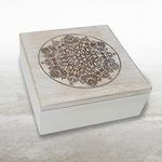 gb Home Collection Wooden Storage Box - 6 x 6 x 2.4 inches - Rustic Square Engraved Art Keepsake