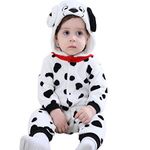 maxToonrain Baby Dalmatian Dog Costume Romper Toddler Boys & Girls Role-Playing Outfit with Zipper Hooded Flannel Dalmatian Onesie Pajamas (12-17 Months)