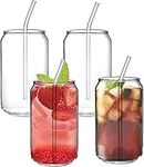 Jucoan 4 Pack 14oz Can Shaped Beer Glass, Cute Glass Cups, Premium Handmade Clear Drinking Glass Cups with 4 Reusable Glass Straws for Ice Tea, Water, Wine, Cocktails and Mixed Drinks