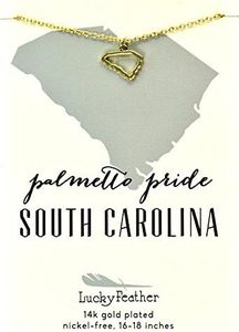 Lucky Feather South Carolina Shaped State Necklace, 14K Gold-Dipped Pendant on Adjustable 16”-18” Chain