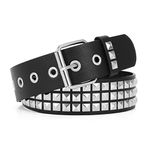 JASGOOD Double Grommet Belt PU Leather Punk Belt for Women Men Jeans Pants Belt,B-Black