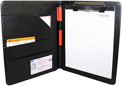 Kurtzy Porte Document en Faux Cuir Noir A5 - Porte Bloc A5 avec Pince pour Conférence - Porte Folio Pliable avec Pochettes pour Document, Porte Carte et Bloc Note - Conférencier Homme & Femme