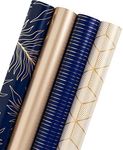 WRAPAHOLIC Wrapping Paper Roll - Gold and Navy Print with Cut Lines for Birthday, Holiday, Father's Day, Baby Shower - 4 Rolls - 30 inch X 120 inch Per Roll