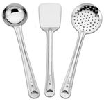 Parage 3 Pieces Stainless Steel Kitchen Tools Set for Cooking and Serving, Pack of 3 Ladle (Karachhi), Skimmer (Jhara) & Turner/Spatula (Palta) Silver, Size: 32 cms, 33.5 cms, 34.5 cms)