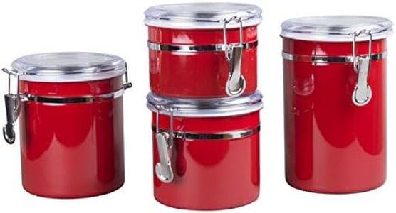 Creative Home Set of 4 Pieces Stainless Steel Kitchen Storage Jar Container Canister with Clear Airtight Lid and Locking Clamp for Food, Cookie, Flour, Sugar, Tea, Coffee Storage, Red