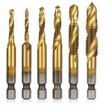 Girls'Love Talk 6PCS Thread Tap Drill Bit Set Hand Tap Hex Shank Drill Titanium Coated HSS Drill and Tap Bits 1/4" Hex Shank Screw Spiral Point Metric M3-M10 Hand Tools