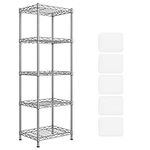 SONGMICS Kitchen Shelf, Metal Storage Rack with PP Shelf Liners, 5-Tier Wire Shelving Unit with 8 Hooks, 11.8 x 15.7 x 47.6 Inches, Height-Adjustable, for Bathroom, Pantry, Silver ULGR115E01