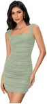 Verdusa Women's Summer Formal Mini Mesh Dress Sleeveless Square Neck Ruched Bodycon Sexy Dress Mint Green M