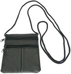 benerini Small Soft Patchwork Leather Neck Purse/Pouch/ID Holder - 2 Zipped Compartments - 1 Transparent Window - Black Leather