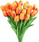 Kisflower 30Pcs Tulips Real Touch Red and Yellow Artificial Flowers Fake Tulips Arrangement Bouquet for Home Office Wedding Decor (Red and Yellow)