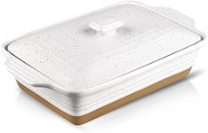 HVH Ceramic Casserole Dish with Lid Oven Safe, 9x13 Casserole Dish, Covered Rectangular Casserole Dish Set, 3.5 Quart Large Casserole Dish, Baking Dishes for Casseroles, Farmhouse Style (White)