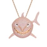 HALOKAIYA ICEDIAMOND Fancy Pink Lab Diamond Shark Pendant with Iced Out Cuban Link Chain Necklace, 18K Rose Gold Plated Choker Chain Necklace, West Coast Hip Hop Jewelry for Men (Pink,24''Rope)