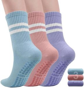 H HOME-MART 3 pairs Reformer Pilates Socks Yoga Socks with Grips for Women Non-Slip Grip Socks Yoga Socks Barre Socks Non Slip Socks for Barre, Dance, Workout (Standard, Blue/Pink/Purple- 3 Pairs)