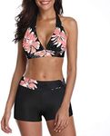 Zando Swimsuits for Women Two Piece Bathing Suits Boyshort Womens Bikini Sets Swimming Suit Halter Slimming Swimwear B Black Pink Floral S (fits US 2-4)